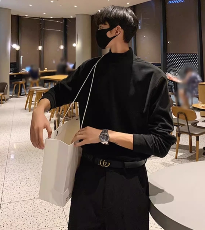 纯黑色半高领卫衣男款秋冬高级感英伦雅痞男装内搭德绒打底衫长袖