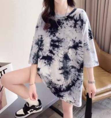 大码女装中长款扎染短袖t恤女夏季2023新款宽松韩版设计感上衣潮