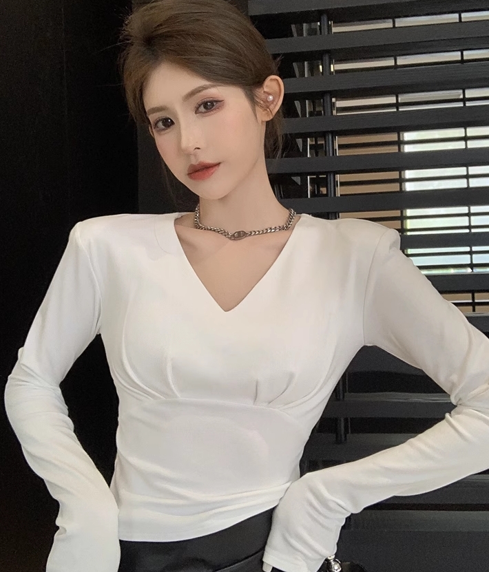 洋气长袖v领内搭高级感打底衫早春季新款修身显瘦短款t恤上衣女装