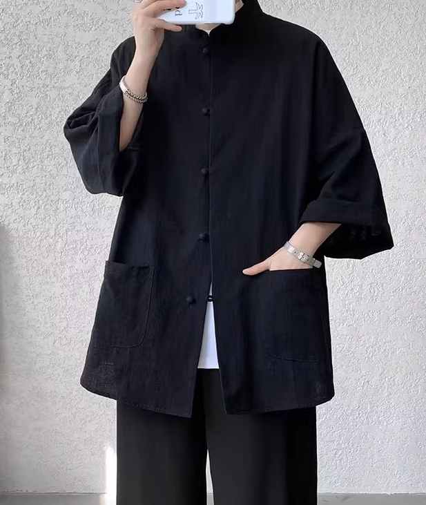 新中式盘扣亚麻衬衫男长袖中国风马褂汉服唐装外套加肥加大码男装