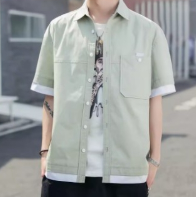 衬衫男短袖2024新款帅气男装休闲假两件衬衣学生上衣男生免烫印花